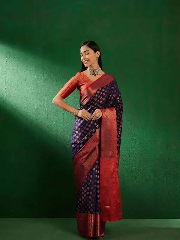 Dark_Blue_Art_Silk_Woven_Banarasi_Saree_With_Unstitched_Blouse_For_Women