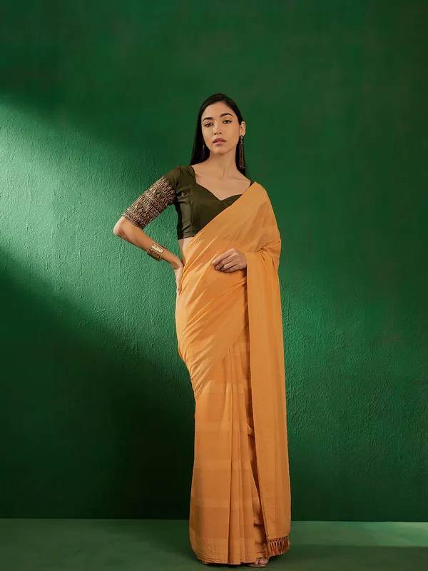 Mustard_Art_Silk_Embroidered_Banarasi_Saree_With_Unstitched_Blouse_For_Women