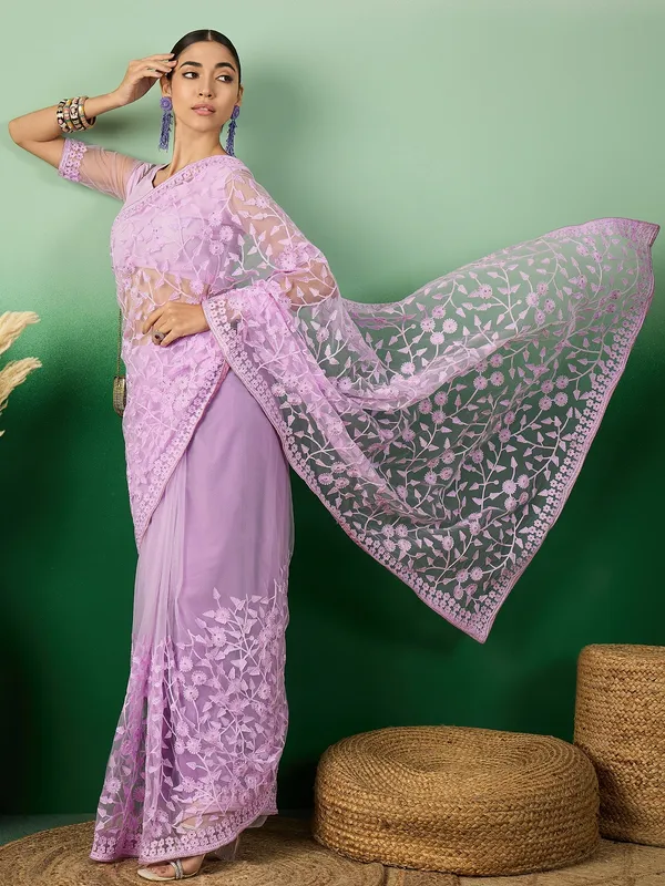 Purple_Supernet_Embroidered_Banarasi_Saree_With_Unstitched_Blouse_For_Women