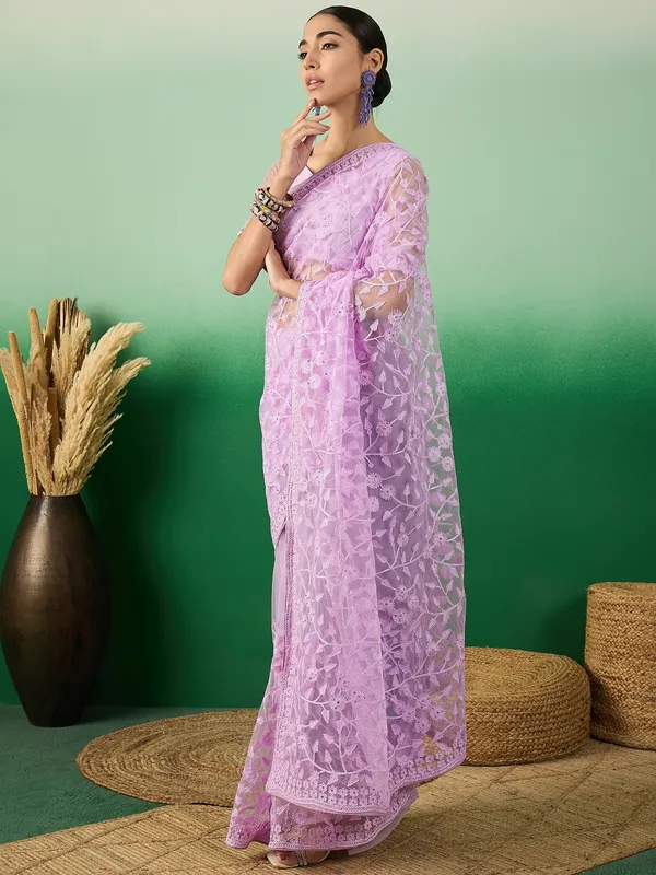 Purple_Supernet_Embroidered_Banarasi_Saree_With_Unstitched_Blouse_For_Women