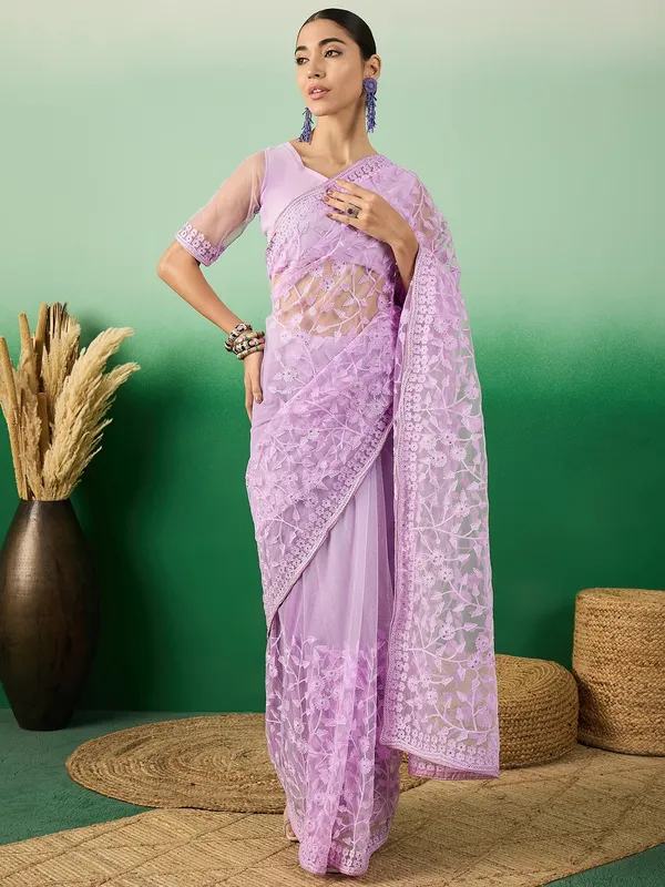 Purple_Supernet_Embroidered_Banarasi_Saree_With_Unstitched_Blouse_For_Women
