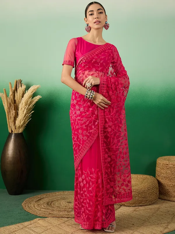 Pink_Supernet_Embroidered_Banarasi_Saree_With_Unstitched_Blouse_For_Women