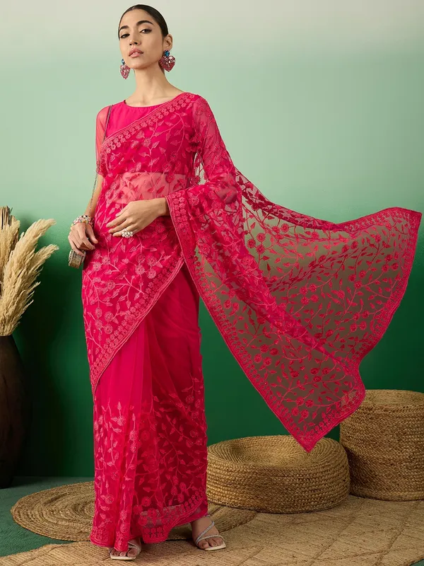 Pink_Supernet_Embroidered_Banarasi_Saree_With_Unstitched_Blouse_For_Women