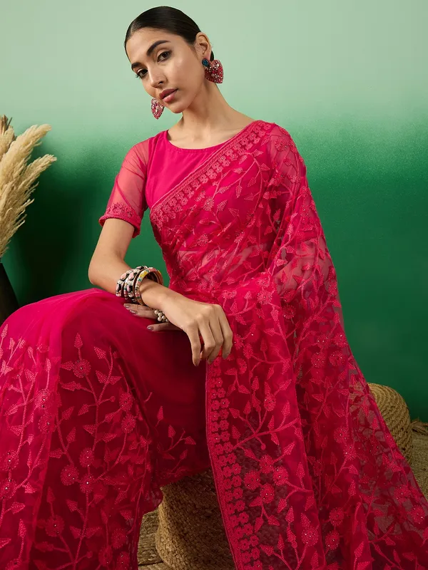 Pink_Supernet_Embroidered_Banarasi_Saree_With_Unstitched_Blouse_For_Women