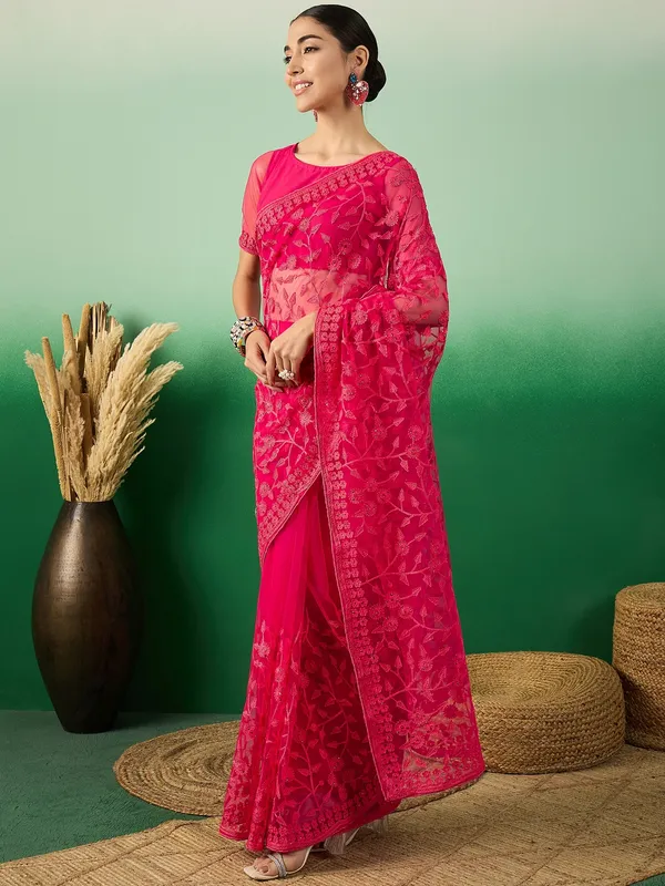 Pink_Supernet_Embroidered_Banarasi_Saree_With_Unstitched_Blouse_For_Women