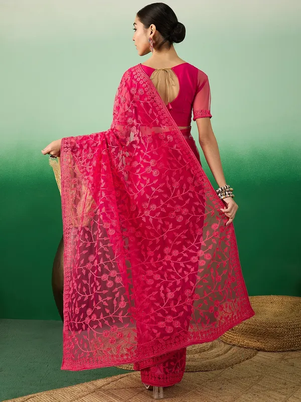 Pink_Supernet_Embroidered_Banarasi_Saree_With_Unstitched_Blouse_For_Women
