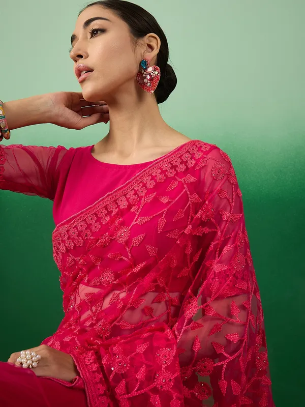Pink_Supernet_Embroidered_Banarasi_Saree_With_Unstitched_Blouse_For_Women