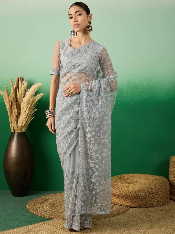 Grey_Supernet_Embroidered_Banarasi_Saree_With_Unstitched_Blouse_For_Women