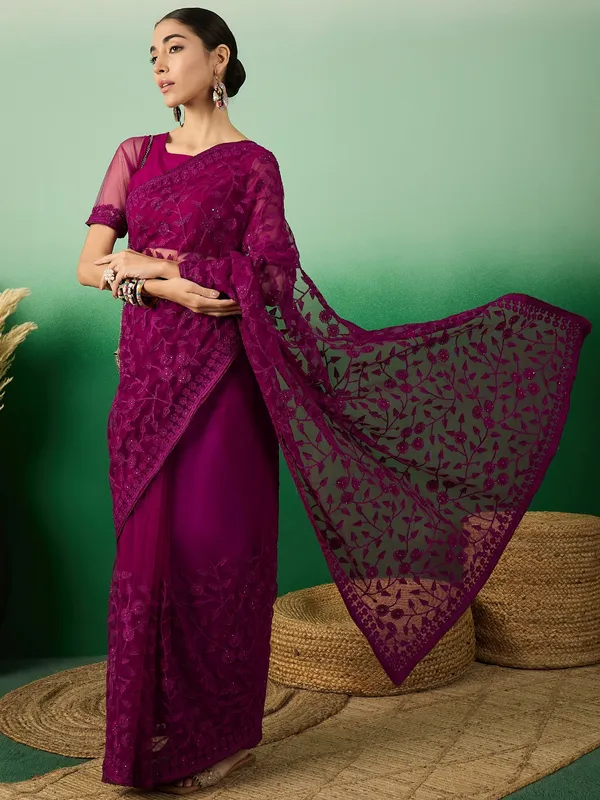 Purple_Supernet_Embroidered_Banarasi_Saree_With_Unstitched_Blouse_For_Women