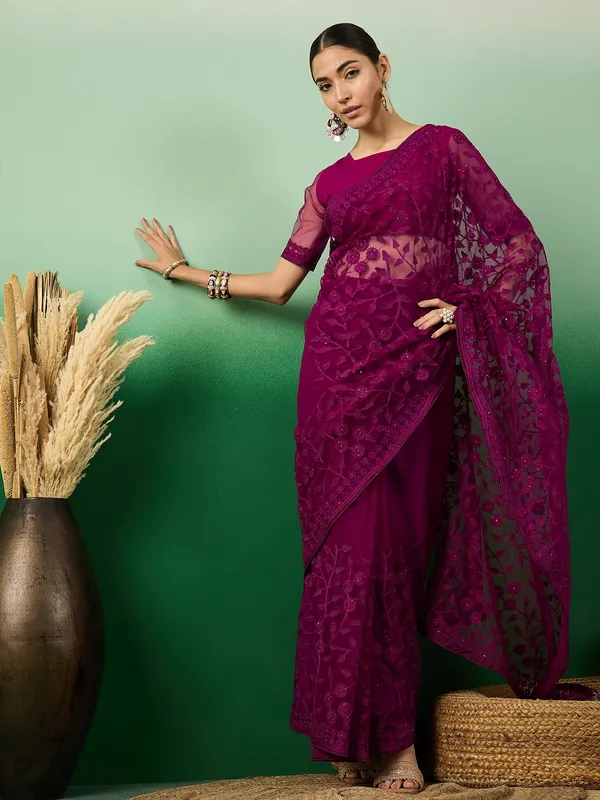 Purple_Supernet_Embroidered_Banarasi_Saree_With_Unstitched_Blouse_For_Women