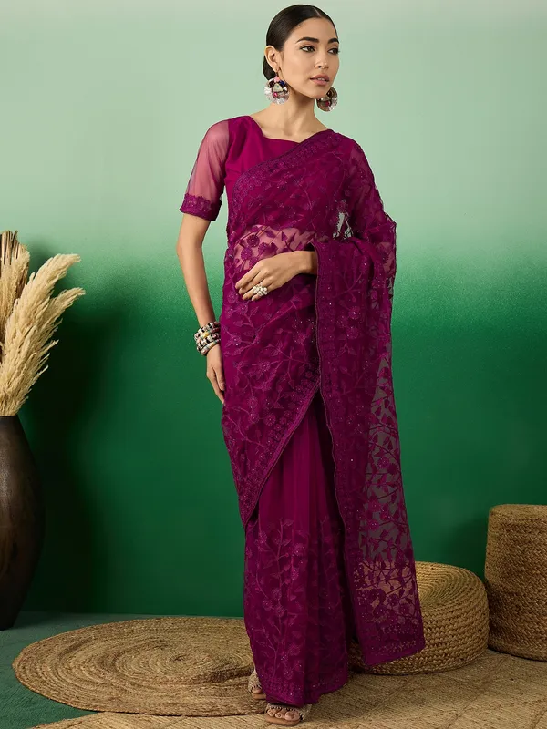 Purple_Supernet_Embroidered_Banarasi_Saree_With_Unstitched_Blouse_For_Women