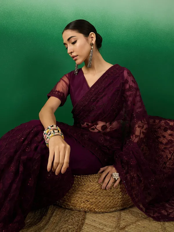 Maroon_Supernet_Embroidered_Banarasi_Saree_With_Unstitched_Blouse_For_Women