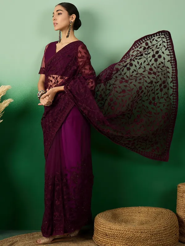 Maroon_Supernet_Embroidered_Banarasi_Saree_With_Unstitched_Blouse_For_Women