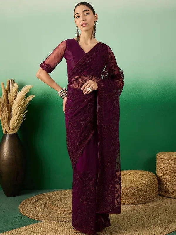 Maroon_Supernet_Embroidered_Banarasi_Saree_With_Unstitched_Blouse_For_Women
