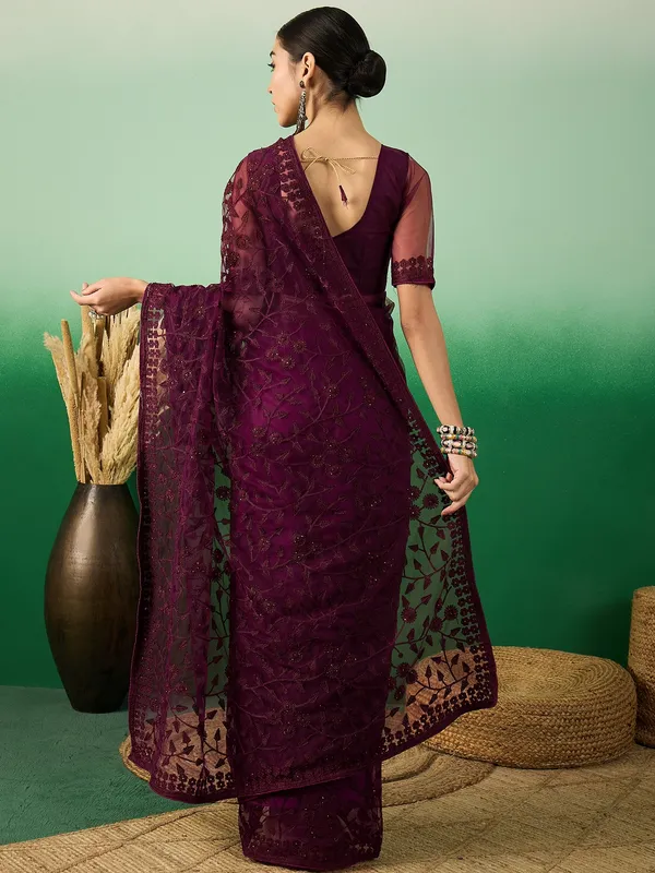 Maroon_Supernet_Embroidered_Banarasi_Saree_With_Unstitched_Blouse_For_Women