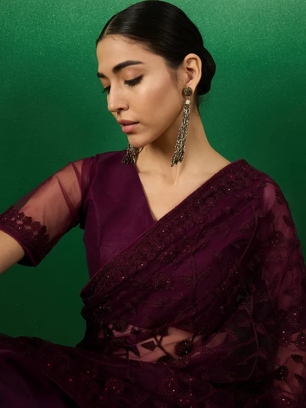 Maroon_Supernet_Embroidered_Banarasi_Saree_With_Unstitched_Blouse_For_Women