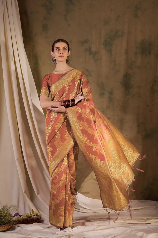 Brown_Art_Silk_Embroidered_Banarasi_Saree_With_Unstitched_Blouse_For_Women