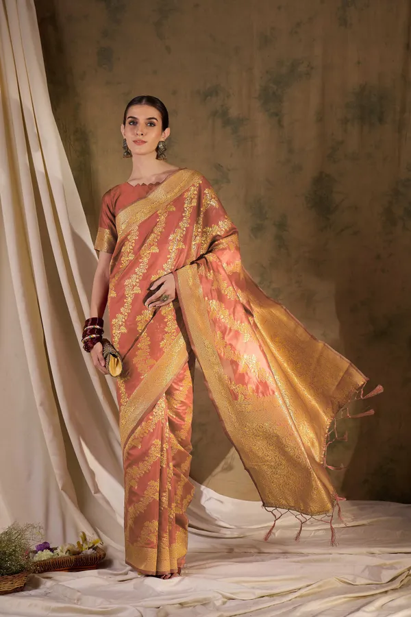 Brown_Art_Silk_Embroidered_Banarasi_Saree_With_Unstitched_Blouse_For_Women
