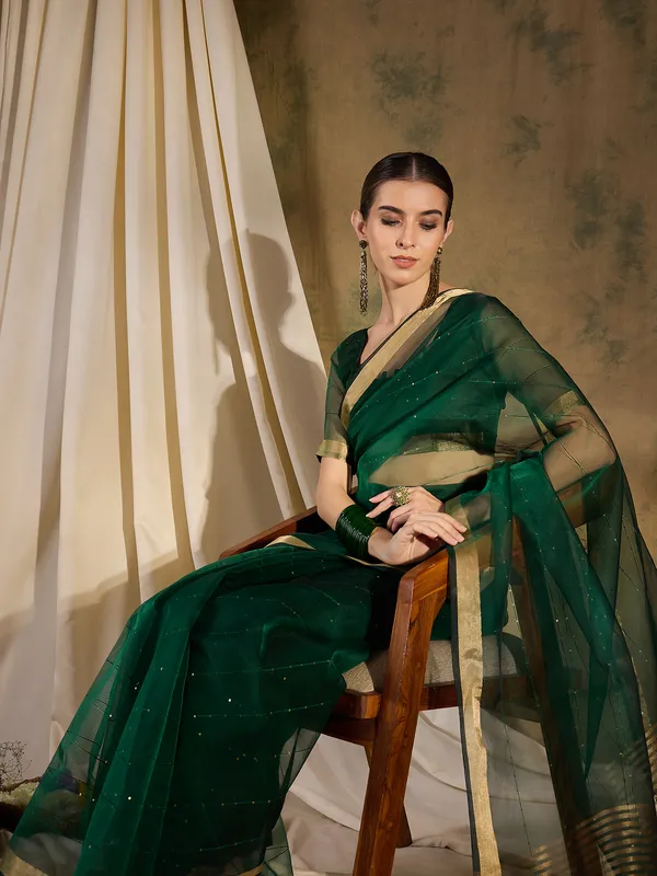Green_Organza_Woven_Banarasi_Saree_With_Unstitched_Blouse_For_Women