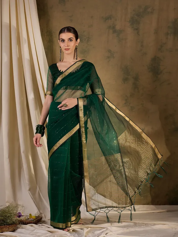 Green_Organza_Woven_Banarasi_Saree_With_Unstitched_Blouse_For_Women