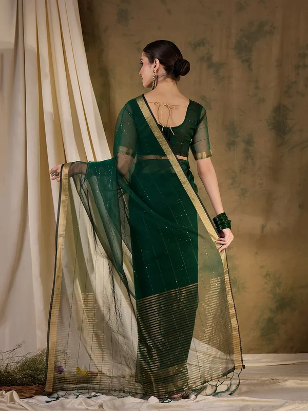 Green_Organza_Woven_Banarasi_Saree_With_Unstitched_Blouse_For_Women