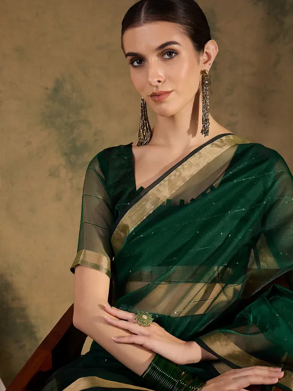 Green_Organza_Woven_Banarasi_Saree_With_Unstitched_Blouse_For_Women