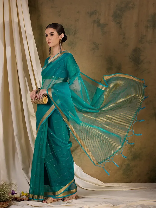 Green_Organza_Woven_Banarasi_Saree_With_Unstitched_Blouse_For_Women