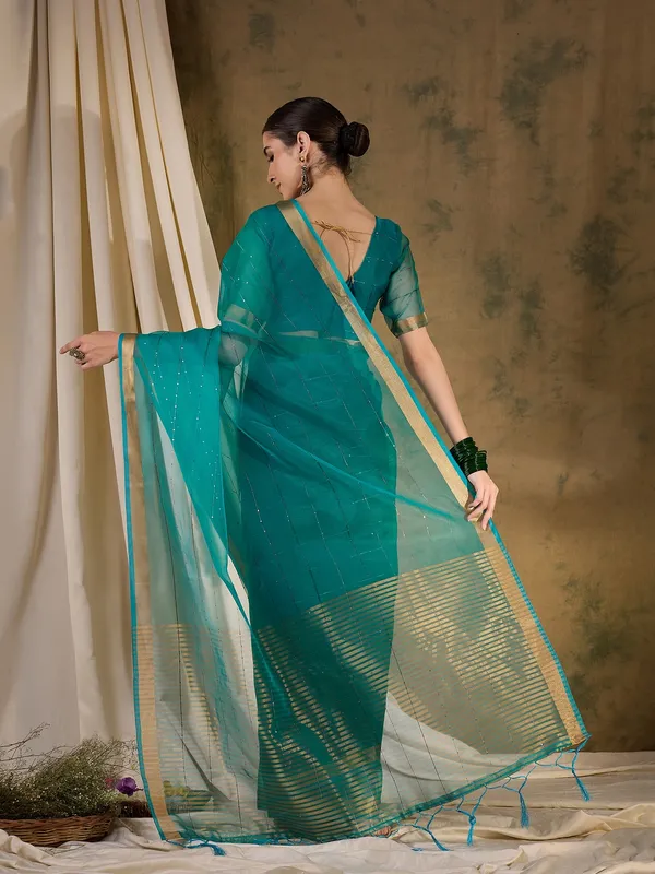 Green_Organza_Woven_Banarasi_Saree_With_Unstitched_Blouse_For_Women