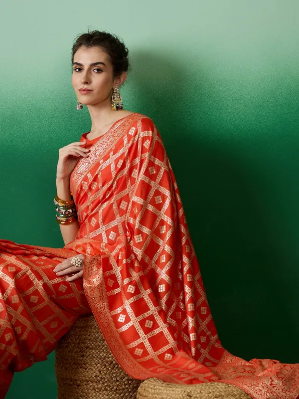 Orange_&_Gold_Art_Silk_Woven_Banarasi_Saree_With_Unstitched_Blouse_For_Women
