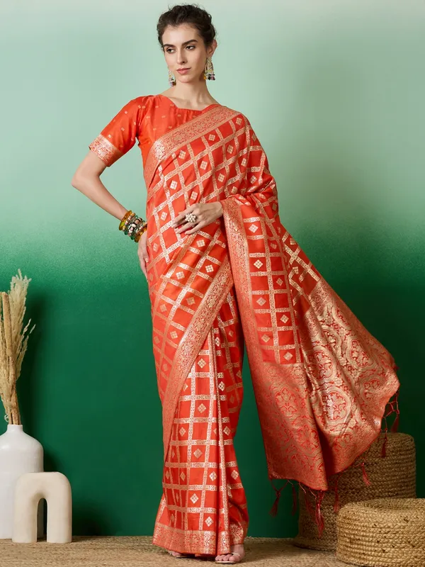 Orange_&_Gold_Art_Silk_Woven_Banarasi_Saree_With_Unstitched_Blouse_For_Women