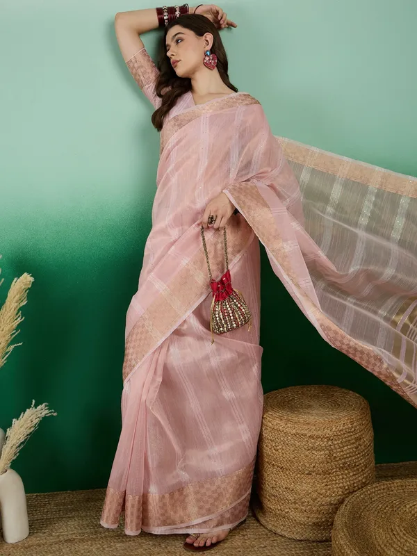 Pink_Organza_Woven_Banarasi_Saree_With_Unstitched_Blouse_For_Women