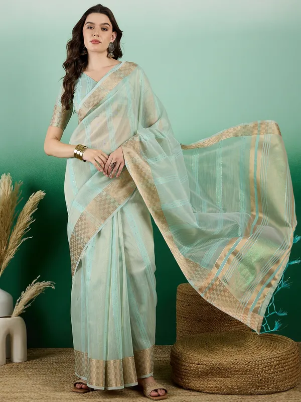 Green_Organza_Woven_Banarasi_Saree_With_Unstitched_Blouse_For_Women