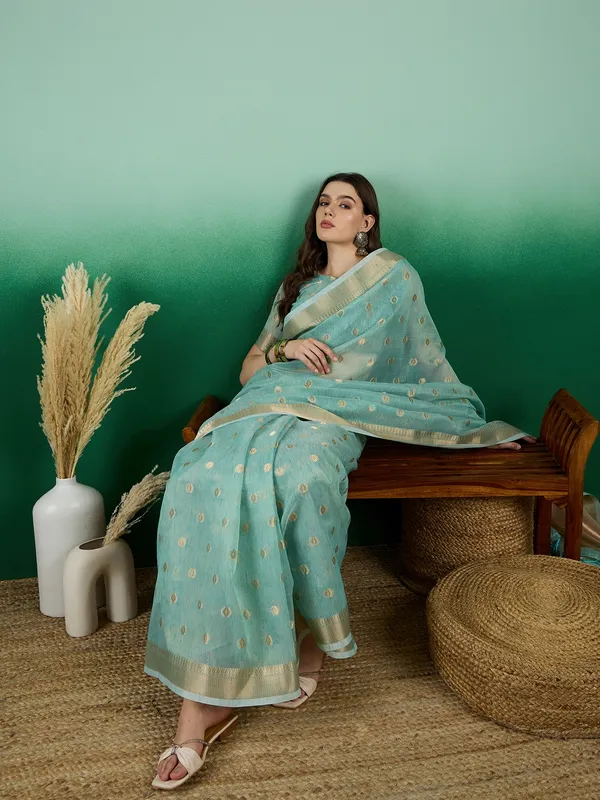 Blue_Organza_Woven_Banarasi_Saree_With_Unstitched_Blouse_For_Women