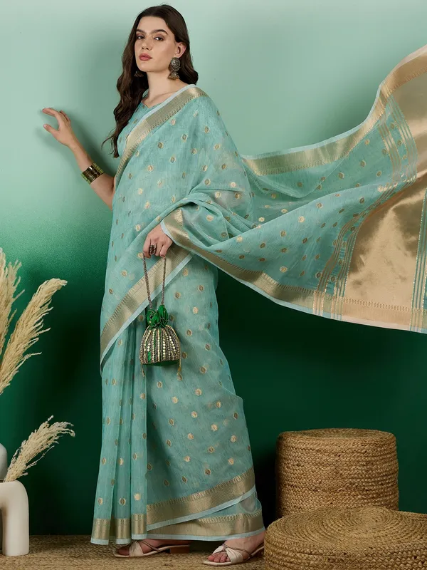 Blue_Organza_Woven_Banarasi_Saree_With_Unstitched_Blouse_For_Women