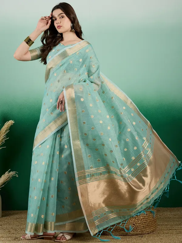 Blue_Organza_Woven_Banarasi_Saree_With_Unstitched_Blouse_For_Women