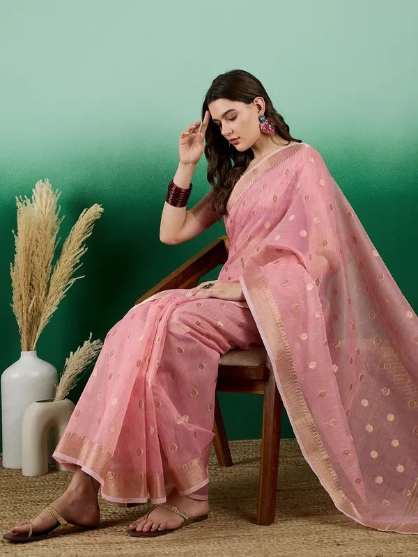 Pink_Organza_Woven_Banarasi_Saree_With_Unstitched_Blouse_For_Women
