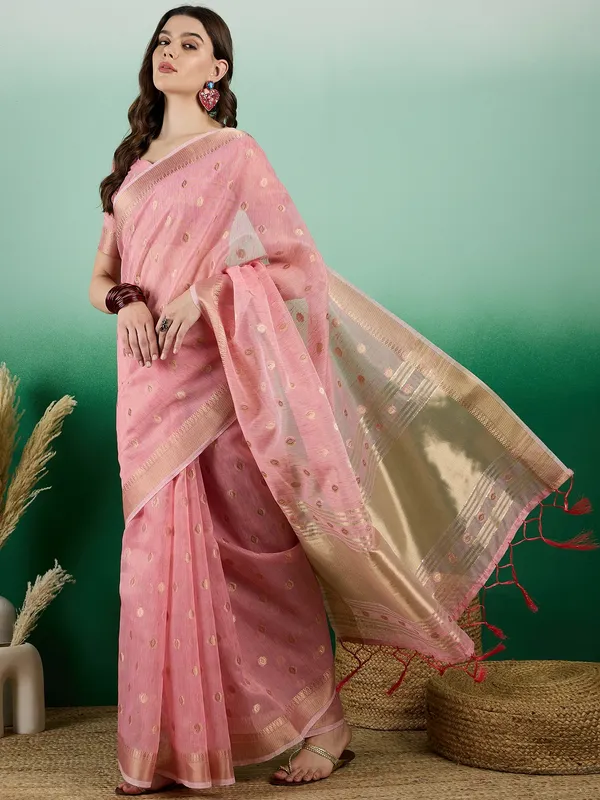 Pink_Organza_Woven_Banarasi_Saree_With_Unstitched_Blouse_For_Women