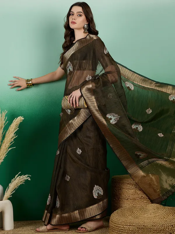 Green_Organza_Embroidered_Banarasi_Saree_With_Unstitched_Blouse_For_Women