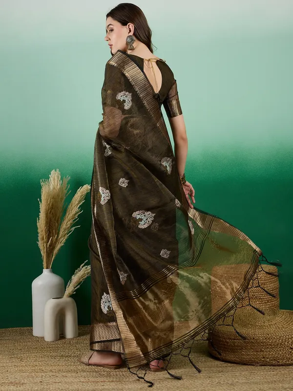 Green_Organza_Embroidered_Banarasi_Saree_With_Unstitched_Blouse_For_Women