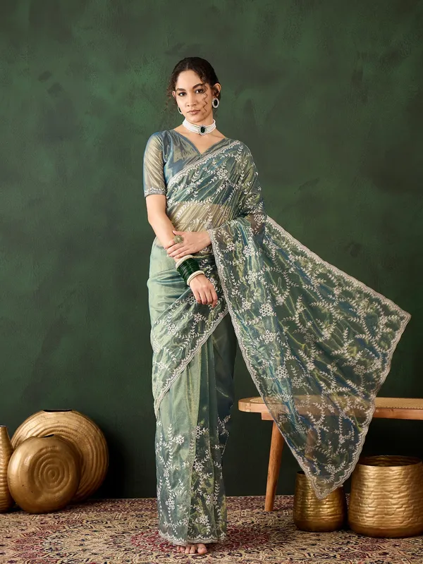 Green_Art_Silk_Embroidered_Banarasi_Saree_With_Unstitched_Blouse_For_Women