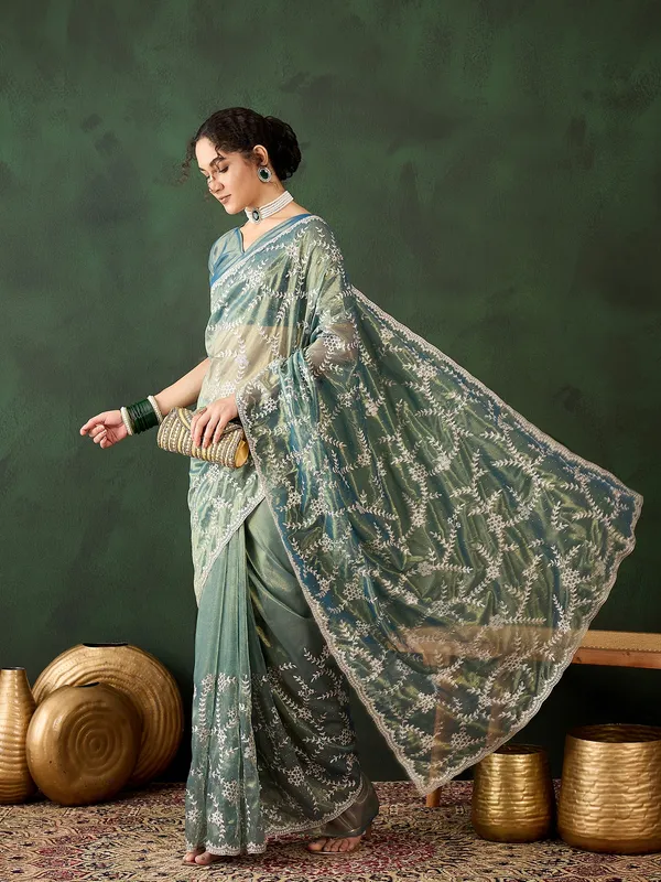 Green_Art_Silk_Embroidered_Banarasi_Saree_With_Unstitched_Blouse_For_Women
