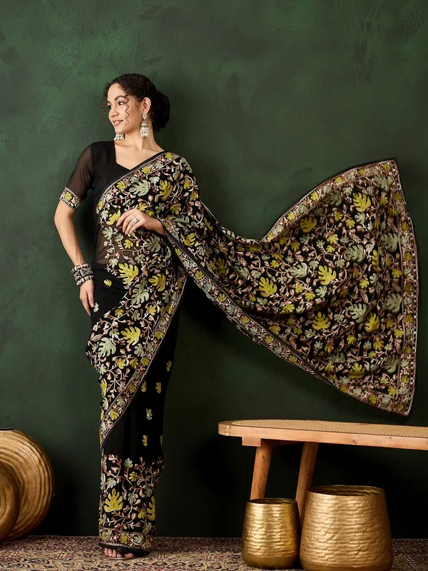 Black_Cotton_Blend_Embroidered_Banarasi_Saree_With_Unstitched_Blouse_For_Women