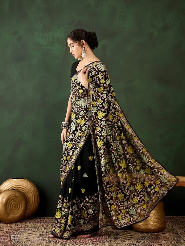 Black_Cotton_Blend_Embroidered_Banarasi_Saree_With_Unstitched_Blouse_For_Women