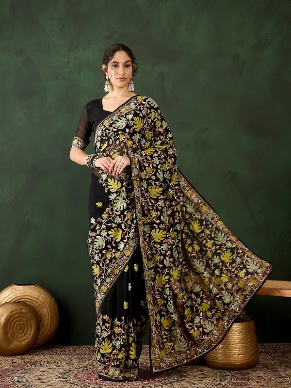 Black_Cotton_Blend_Embroidered_Banarasi_Saree_With_Unstitched_Blouse_For_Women