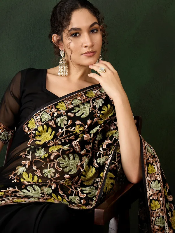 Black_Cotton_Blend_Embroidered_Banarasi_Saree_With_Unstitched_Blouse_For_Women