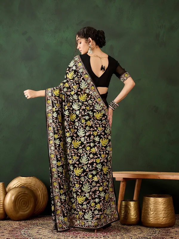 Black_Cotton_Blend_Embroidered_Banarasi_Saree_With_Unstitched_Blouse_For_Women