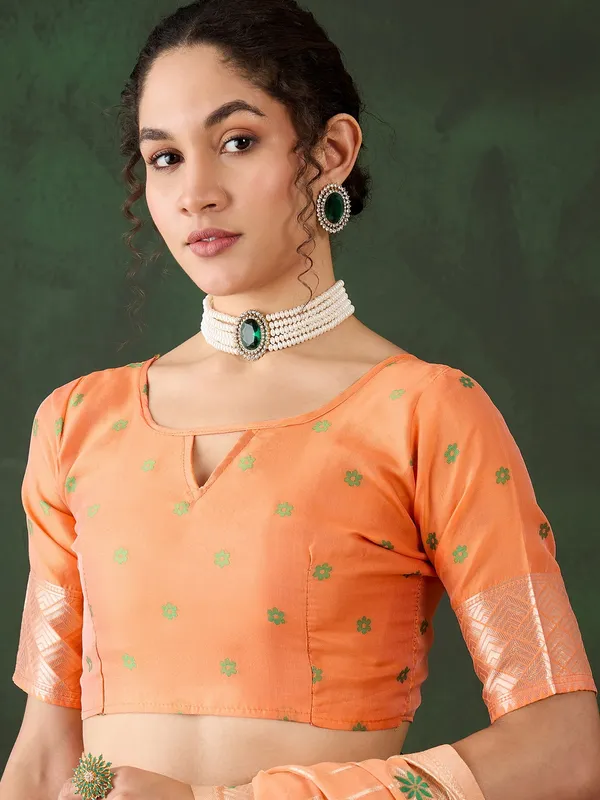 Orange_Cotton_Blend_Woven_Banarasi_Saree_With_Unstitched_Blouse_For_Women