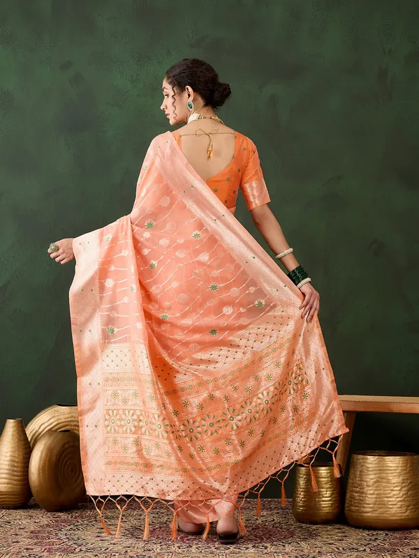 Orange_Cotton_Blend_Woven_Banarasi_Saree_With_Unstitched_Blouse_For_Women