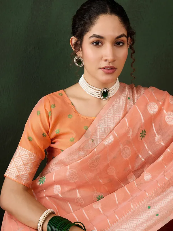 Orange_Cotton_Blend_Woven_Banarasi_Saree_With_Unstitched_Blouse_For_Women
