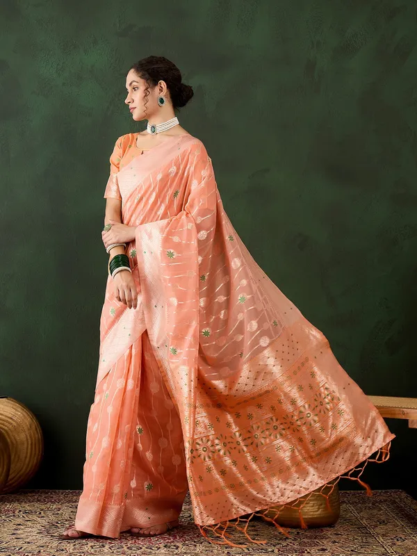 Orange_Cotton_Blend_Woven_Banarasi_Saree_With_Unstitched_Blouse_For_Women